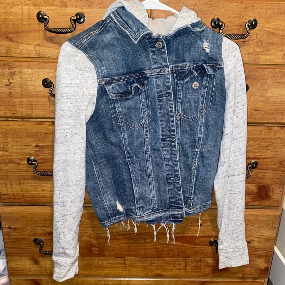 Distressed Denim Hoodie Jacket, size medium